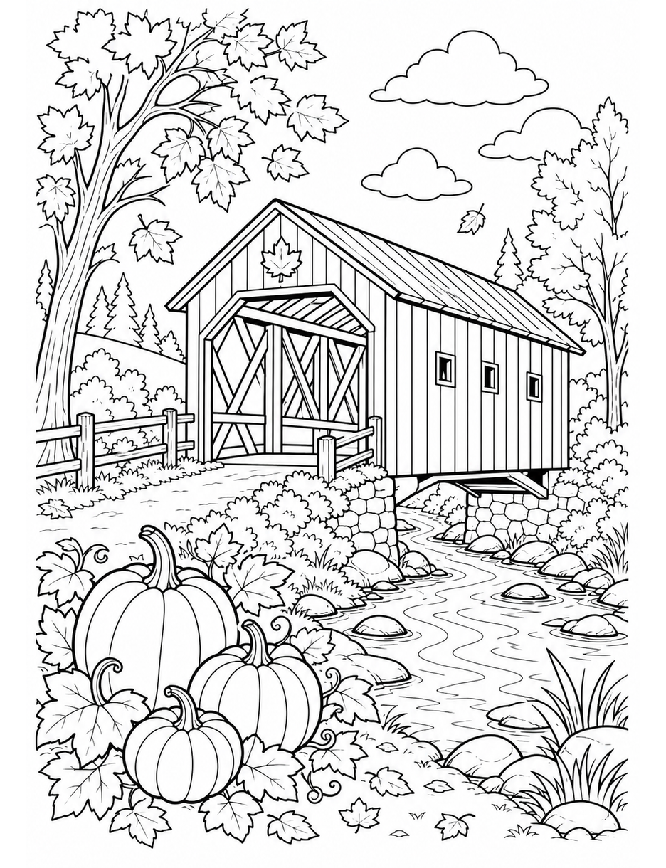 Autumn Covered Bridge By A Pumpkin Creek printable coloring page from the fall coloring pages collection