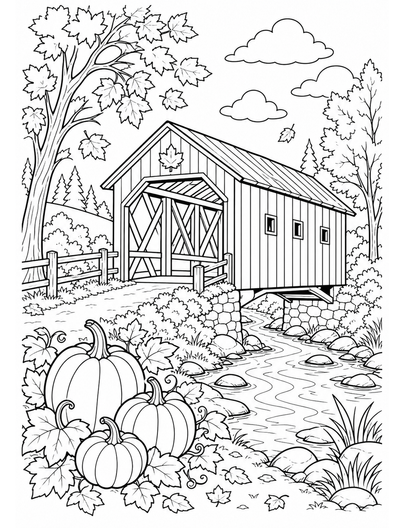 Autumn Covered Bridge By A Pumpkin Creek printable coloring page from the fall coloring pages collection