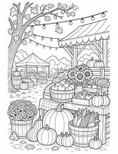 Autumn Farmer's Market Under String Lights printable coloring page from the fall coloring pages collection