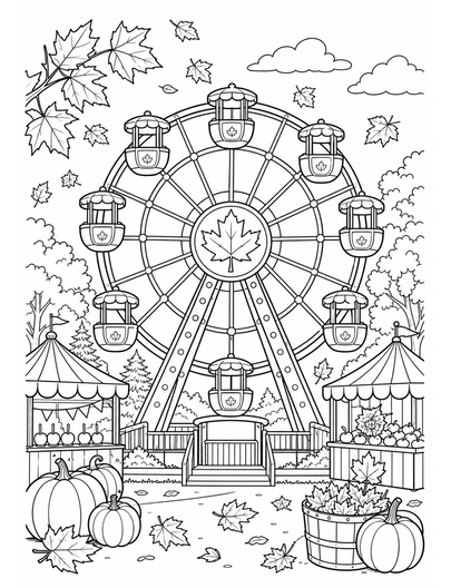 Autumn Ferris Wheel In A Maple Fairground printable coloring page from the fall coloring pages collection