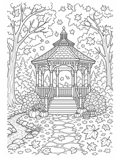 Autumn Forest Gazebo With Falling Leaves printable coloring page from the fall coloring pages collection