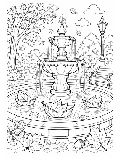 Autumn Fountain With Leaf Boats printable coloring page from the fall coloring pages collection