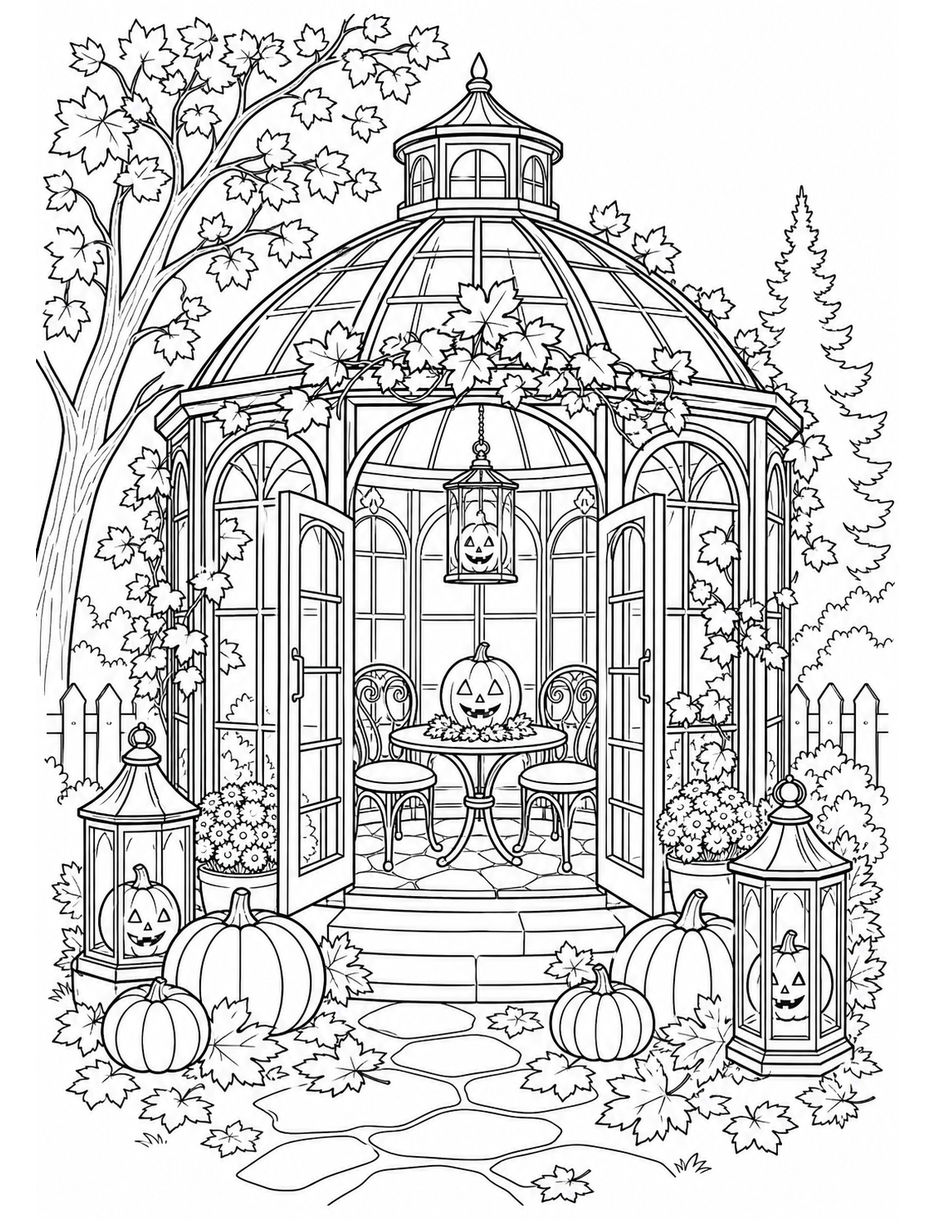 Autumn Glass Gazebo With Pumpkin Lanterns printable coloring page from the fall coloring pages collection