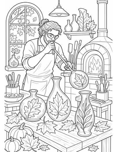 Autumn Glassblower Studio With Leaf Vases printable coloring page from the fall coloring pages collection
