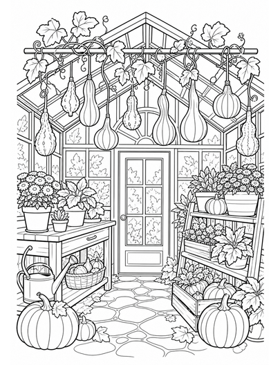 Autumn Greenhouse With Hanging Gourds printable coloring page from the fall coloring pages collection