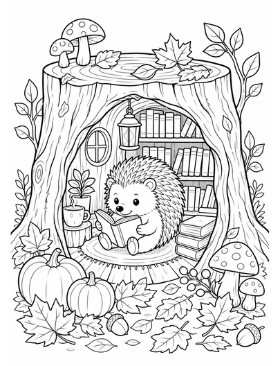 Autumn Hedgehog Library In A Hollow Stump printable coloring page from the fall coloring pages collection