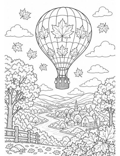 Autumn Hot Air Balloon Over Maple Valley printable coloring page from the fall coloring pages collection