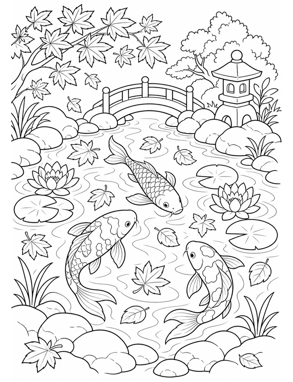 Autumn Koi Pond With Floating Leaves printable coloring page from the fall coloring pages collection