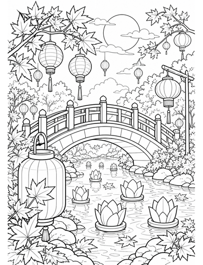 Autumn Lantern Festival At Maple Bridge printable coloring page from the fall coloring pages collection