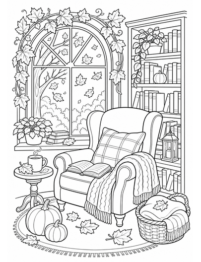 Autumn Library Reading Nook With Falling Leaves printable coloring page from the fall coloring pages collection
