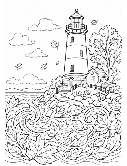 Autumn Lighthouse With Leafy Waves printable coloring page from the fall coloring pages collection