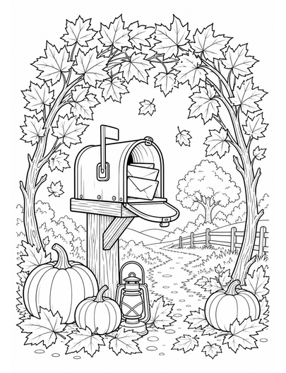 Autumn Mailbox Beneath A Maple Arch printable coloring page from the fall coloring pages collection