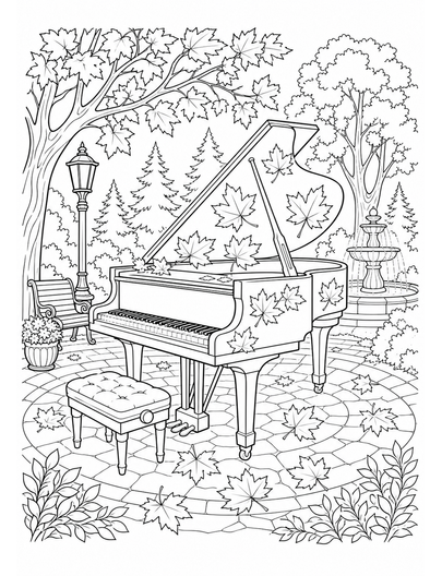 Autumn Maple Piano In A Woodland Plaza printable coloring page from the fall coloring pages collection