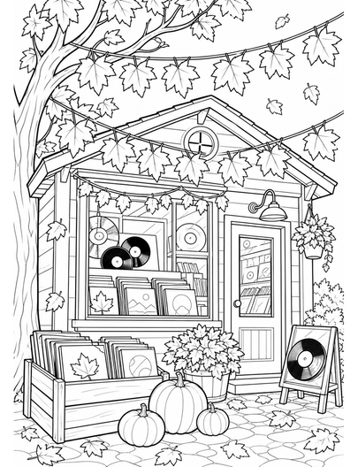 Autumn Maple Record Shop With Leaf Banners printable coloring page from the fall coloring pages collection