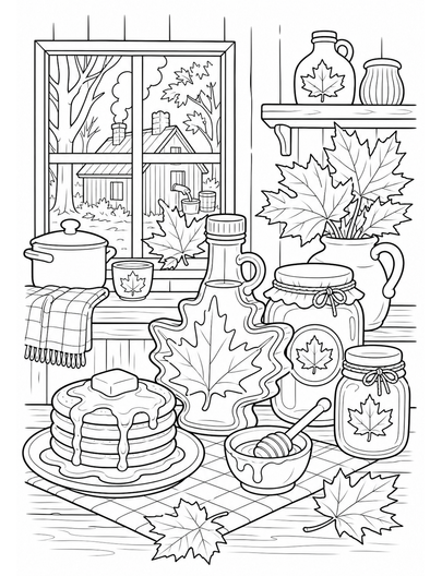 Autumn Maple Syrup Kitchen With Cozy Jars printable coloring page from the fall coloring pages collection