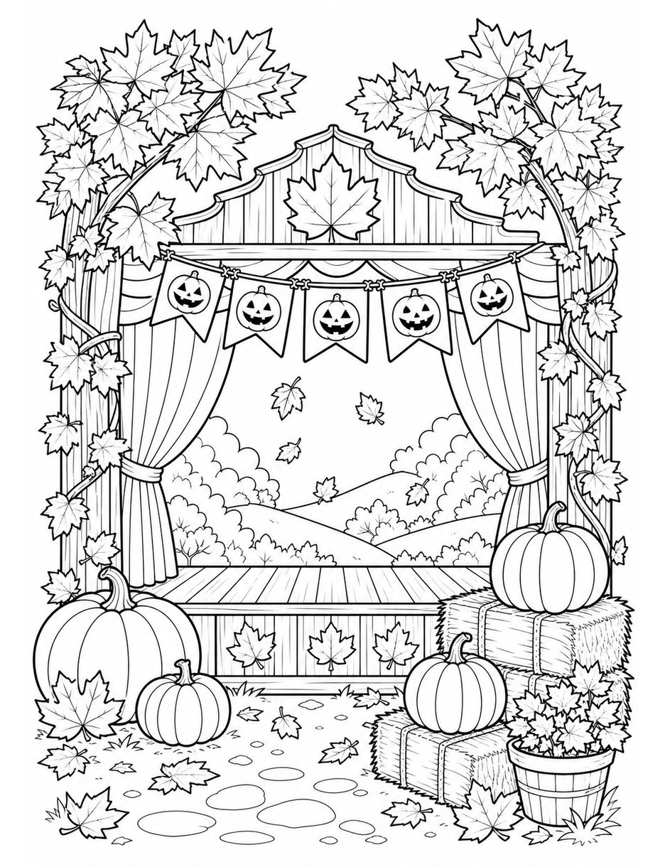 Autumn Maple Theater With Pumpkin Banners printable coloring page from the fall coloring pages collection