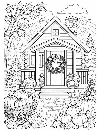 Autumn Mountain Cabin With Pinecone Wreath printable coloring page from the fall coloring pages collection