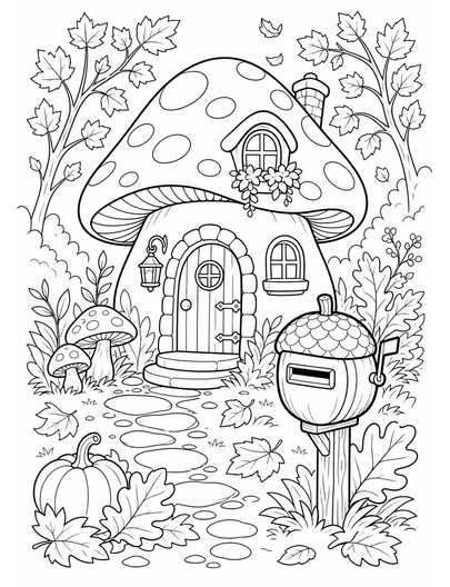 Autumn Mushroom Cottage With Acorn Mailbox printable coloring page from the fall coloring pages collection