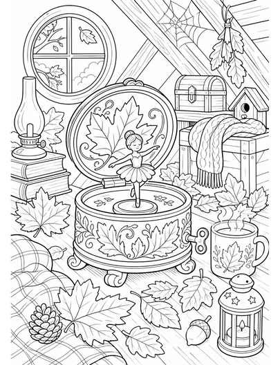 Autumn Music Box In A Leafy Attic printable coloring page from the fall coloring pages collection