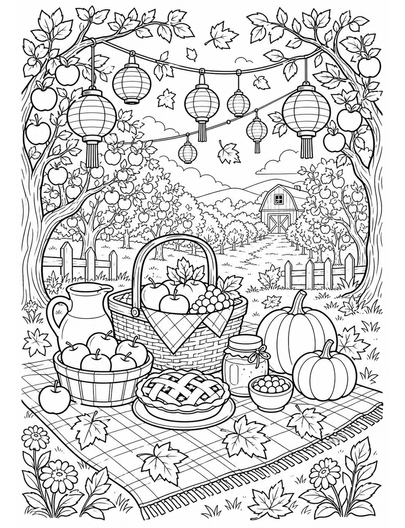 Autumn Orchard Picnic Under Lanterns printable coloring page from the fall coloring pages collection