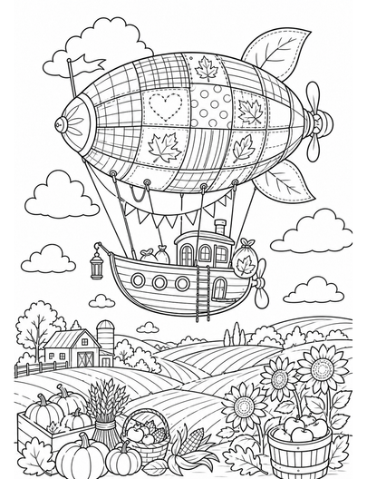 Autumn Patchwork Airship Over Harvest Fields printable coloring page from the fall coloring pages collection