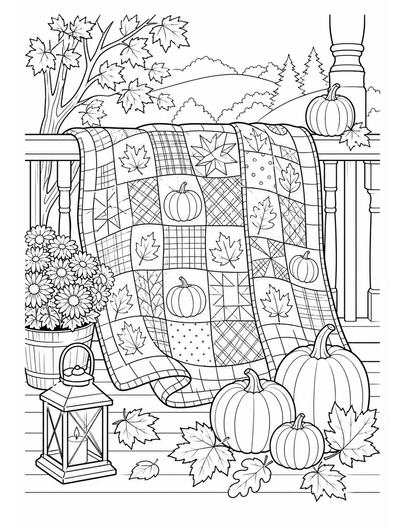 Autumn Patchwork Quilt On A Porch Rail printable coloring page from the fall coloring pages collection