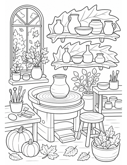 Autumn Pottery Studio With Leaf Shelves printable coloring page from the fall coloring pages collection