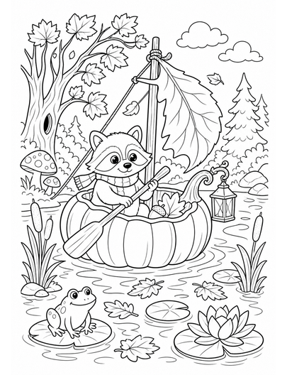 Autumn Pumpkin Boat On A Woodland Pond printable coloring page from the fall coloring pages collection