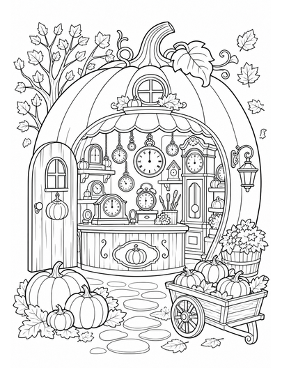 Autumn Pumpkin Clock Shop printable coloring page from the fall coloring pages collection