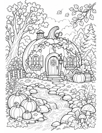 Autumn Pumpkin Cottage By A Woodland Stream printable coloring page from the fall coloring pages collection
