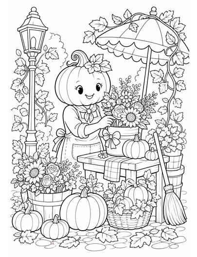 Autumn Pumpkin Florist On A Leafy Corner printable coloring page from the fall coloring pages collection