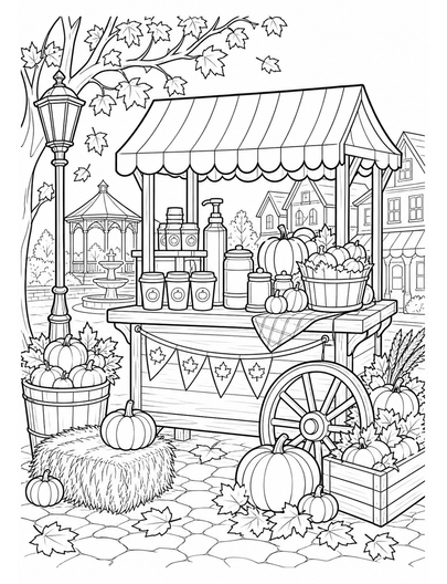 Autumn Pumpkin Spice Cart At Maple Square printable coloring page from the fall coloring pages collection