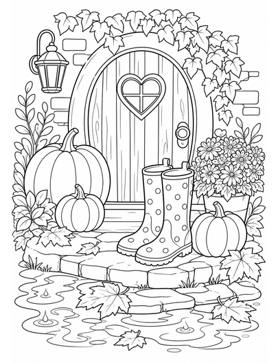 Autumn Rain Boots By A Pumpkin Doorstep printable coloring page from the fall coloring pages collection