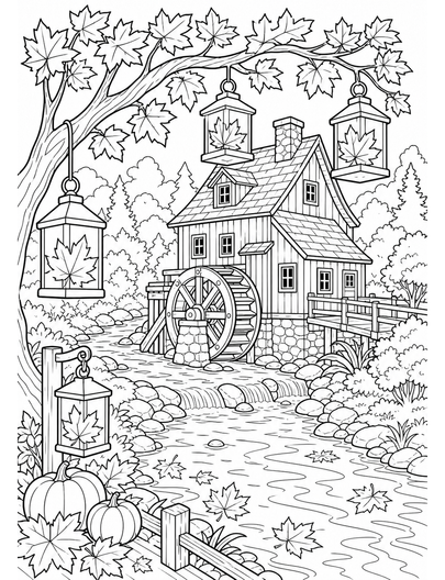 Autumn River Mill With Maple Lanterns printable coloring page from the fall coloring pages collection