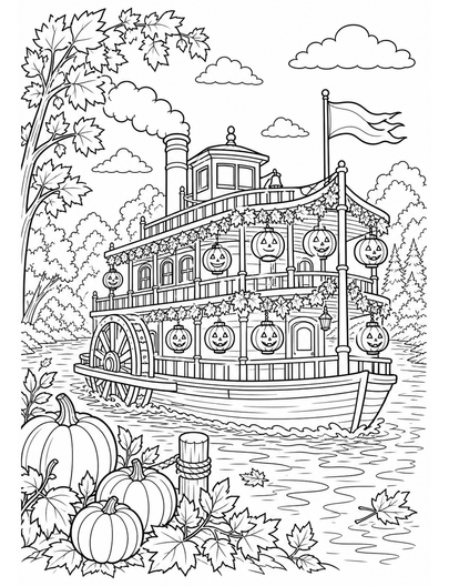 Autumn Riverboat With Pumpkin Lanterns printable coloring page from the fall coloring pages collection