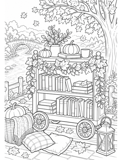 Autumn Riverside Book Cart With Leaf Garlands printable coloring page from the fall coloring pages collection