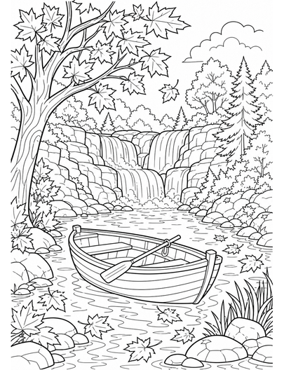 Autumn Rowboat At Maple Waterfall printable coloring page from the fall coloring pages collection