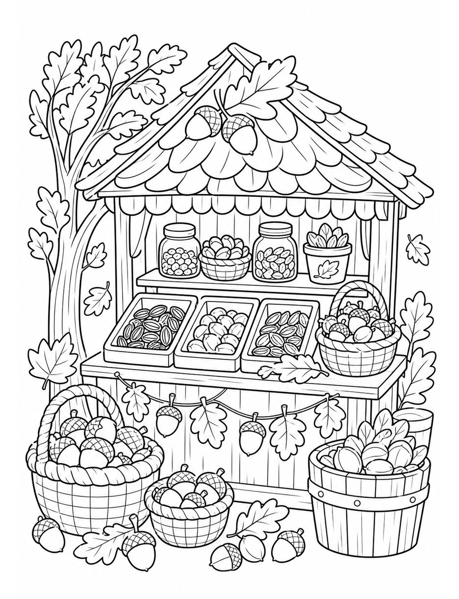 Autumn Seed Shop With Acorn Baskets printable coloring page from the fall coloring pages collection