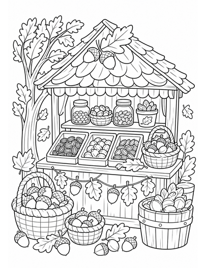 Autumn Seed Shop With Acorn Baskets printable coloring page from the fall coloring pages collection