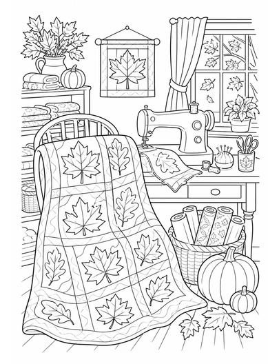 Autumn Sewing Room With Leaf Quilt printable coloring page from the fall coloring pages collection
