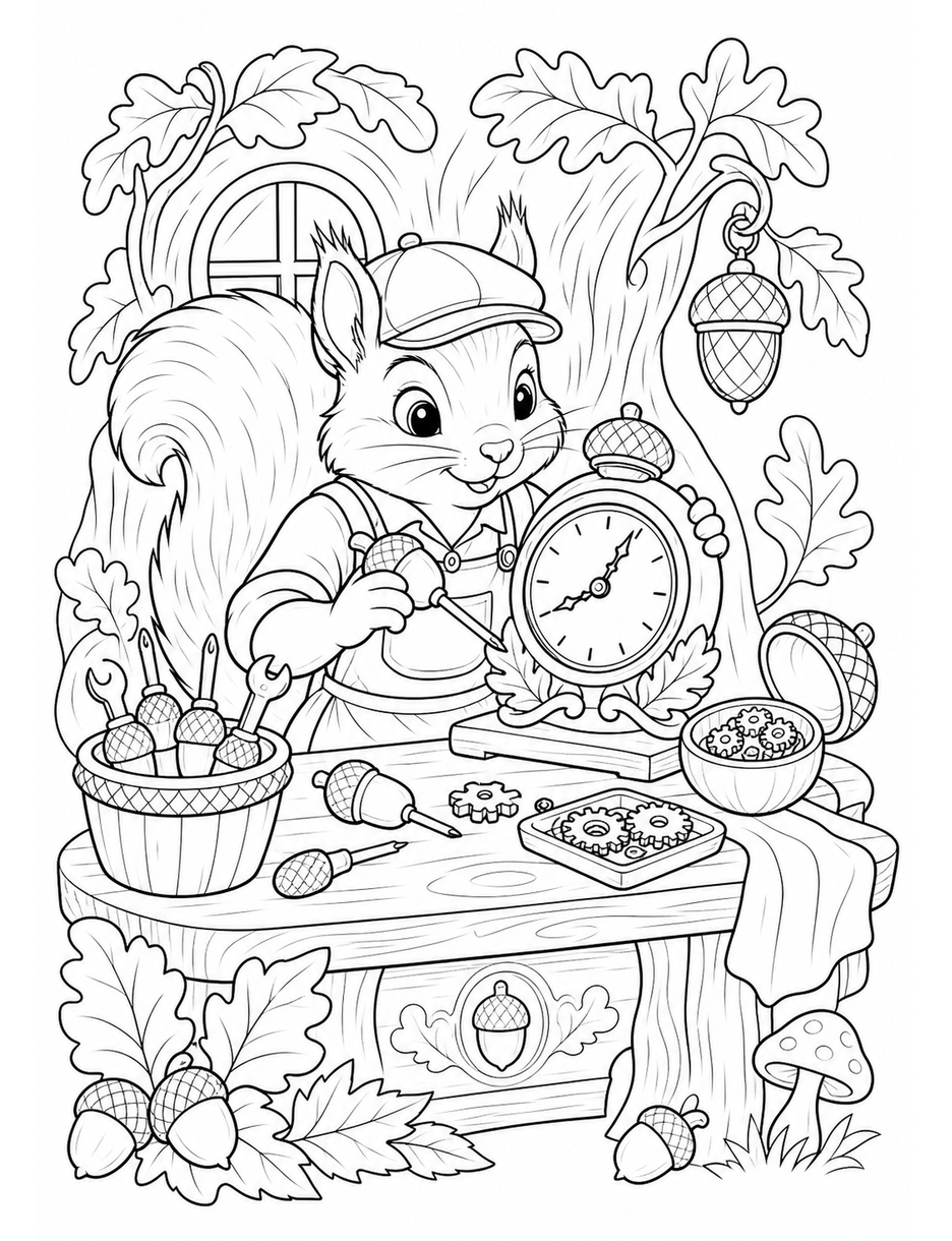 Autumn Squirrel Clockmaker With Acorn Tools printable coloring page from the fall coloring pages collection