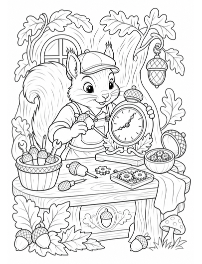 Autumn Squirrel Clockmaker With Acorn Tools printable coloring page from the fall coloring pages collection