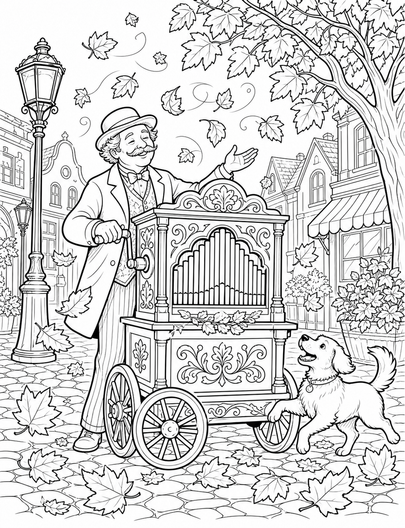 Autumn Street Organ With Dancing Leaves printable coloring page from the fall coloring pages collection