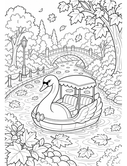 Autumn Swan Boat On A Leafy Canal printable coloring page from the fall coloring pages collection