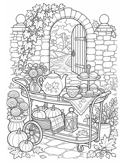 Autumn Tea Cart By A Stone Garden Gate printable coloring page from the fall coloring pages collection
