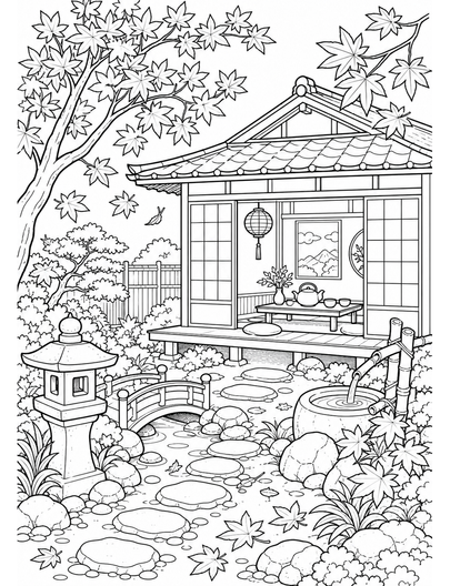 Autumn Tea House In A Maple Courtyard printable coloring page from the fall coloring pages collection