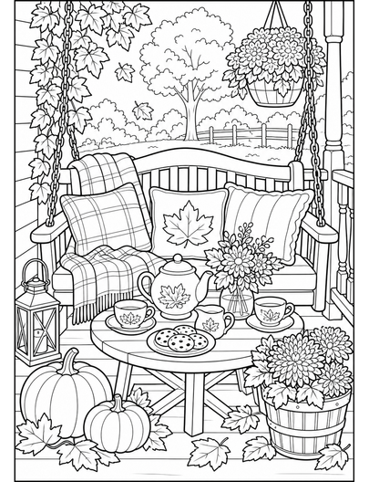 Autumn Tea Party On A Porch Swing printable coloring page from the fall coloring pages collection
