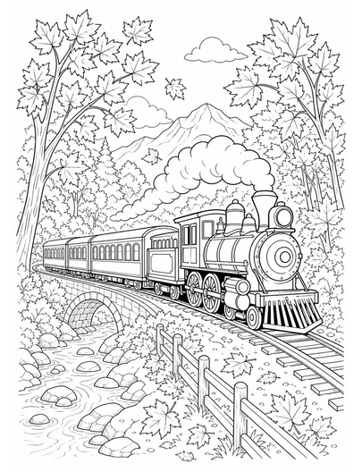 Autumn Train Through Maple Forest printable coloring page from the fall coloring pages collection