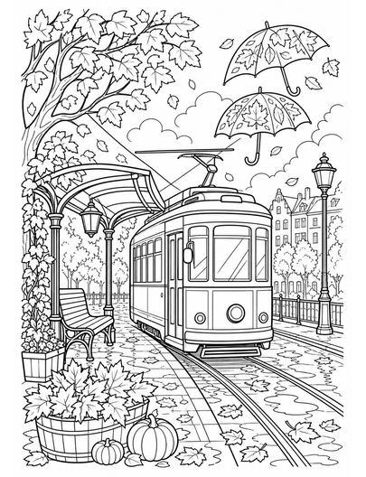 Autumn Tram Stop With Leafy Umbrellas printable coloring page from the fall coloring pages collection