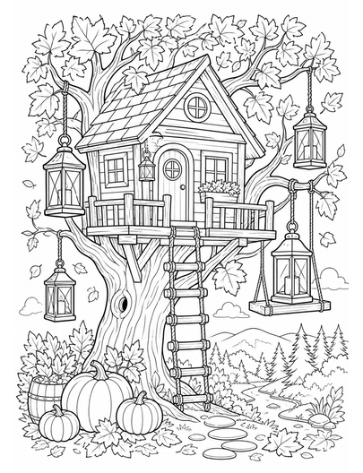 Autumn Treehouse With Hanging Lanterns printable coloring page from the fall coloring pages collection